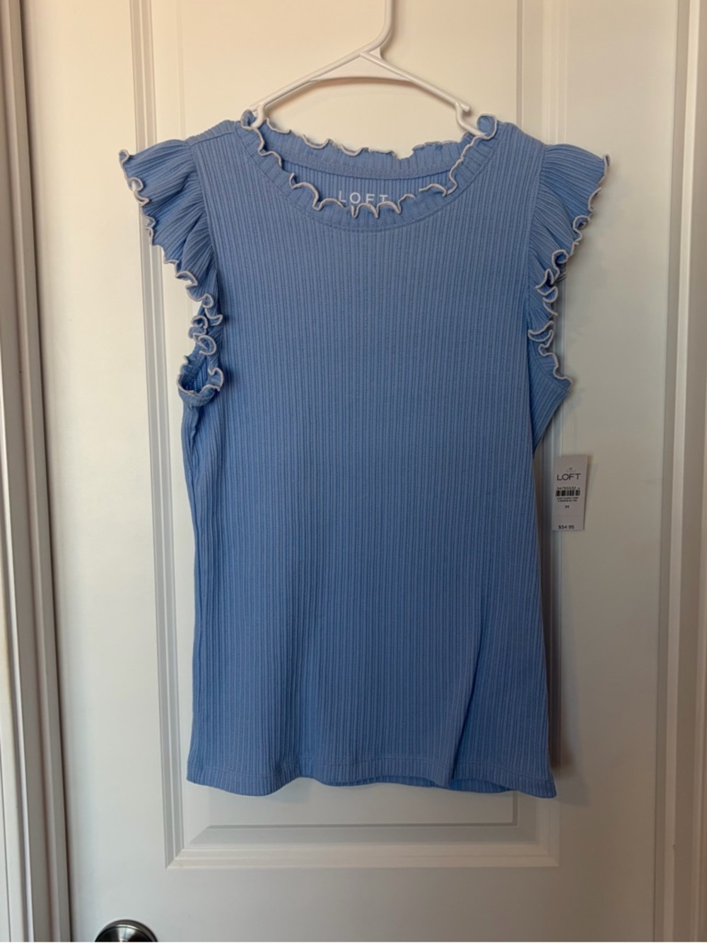 Loft 
Light Blue Sleeveless Ruffle-Trim Ribbed Top
Size M